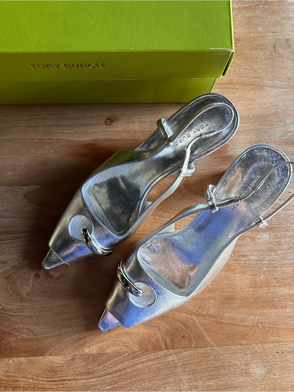Tory Burch Pierced Peep-Toe Slingback Heels in Bright Silver